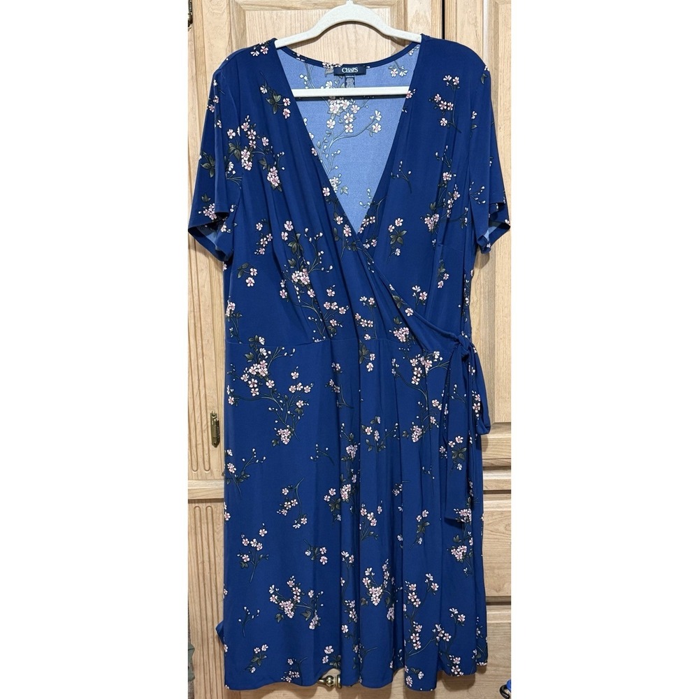 Chaps Faux Wrap Floral Dress Womens Sz 22W Blue Flowy Jersey Short Sleeve V Neck